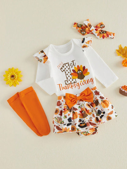 4Pcs Newborn Baby Girl Thanksgiving Clothes Long Sleeve Romper Tops + Skort Skirt + Headband + Socks 3M 6M 9M 12M 18M Infant Casual Skirt Set