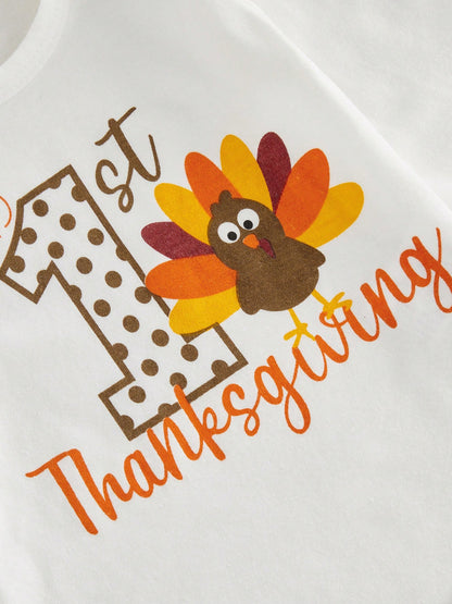 4Pcs Newborn Baby Girl Thanksgiving Clothes Long Sleeve Romper Tops + Skort Skirt + Headband + Socks 3M 6M 9M 12M 18M Infant Casual Skirt Set