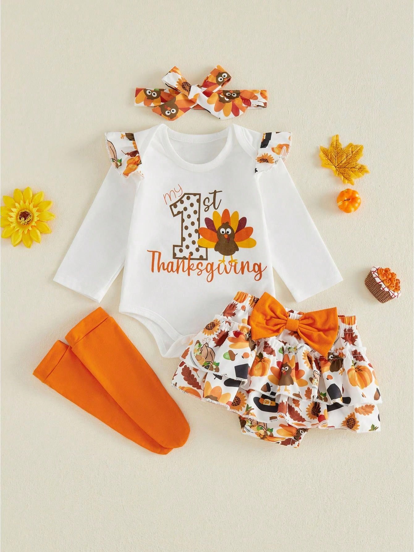 4Pcs Newborn Baby Girl Thanksgiving Clothes Long Sleeve Romper Tops + Skort Skirt + Headband + Socks 3M 6M 9M 12M 18M Infant Casual Skirt Set