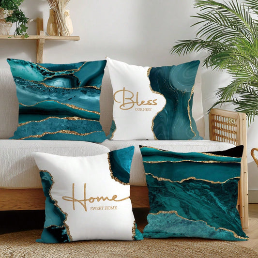4pcs Peacock Green Agate Stone Gilded Pattern "Bless Home" Cushion Cover Set, Single-Sided Peach Velvet Fabric, 45*45/50*50/40*40CM Pillow Case Suitable For Modern Minimalist Sofa Living Room Decor, G