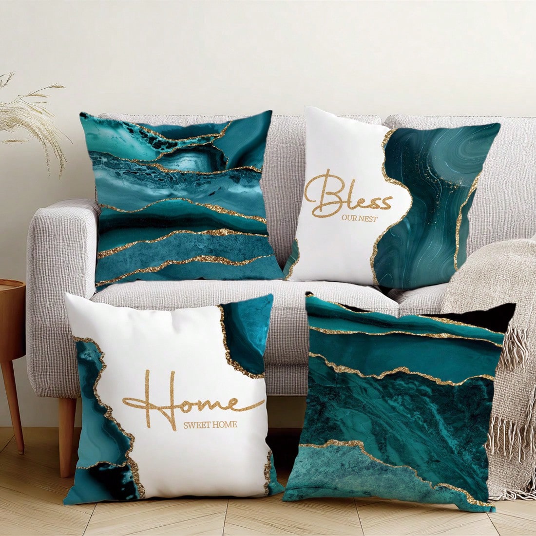 4pcs Peacock Green Agate Stone Gilded Pattern "Bless Home" Cushion Cover Set, Single-Sided Peach Velvet Fabric, 45*45/50*50/40*40CM Pillow Case Suitable For Modern Minimalist Sofa Living Room Decor, G
