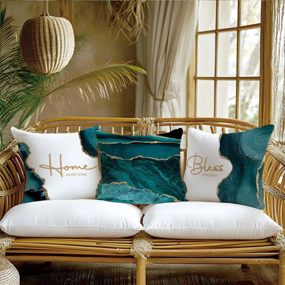 4pcs Peacock Green Agate Stone Gilded Pattern "Bless Home" Cushion Cover Set, Single-Sided Peach Velvet Fabric, 45*45/50*50/40*40CM Pillow Case Suitable For Modern Minimalist Sofa Living Room Decor, G