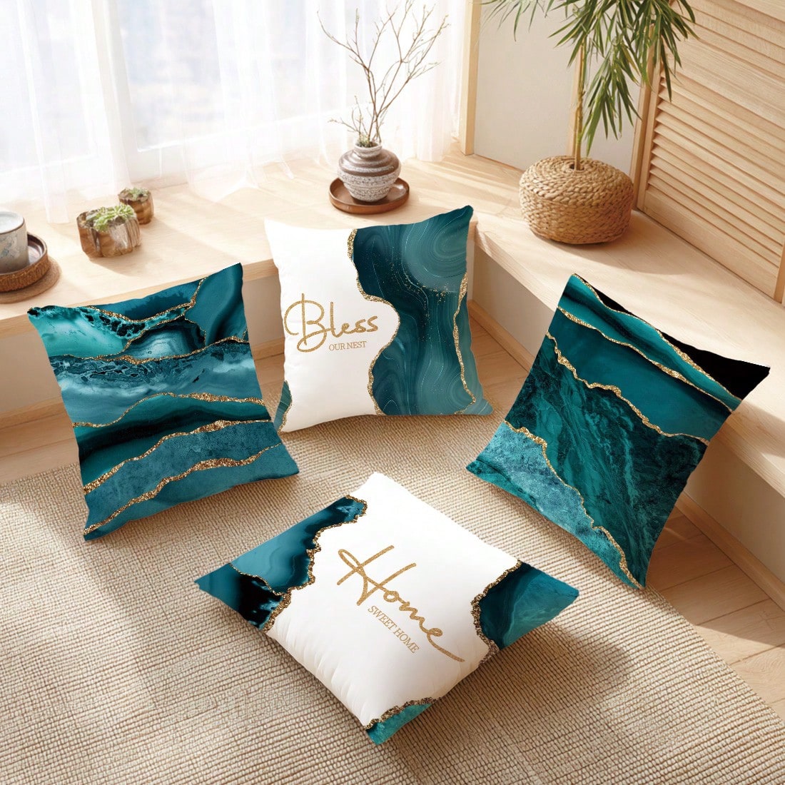 4pcs Peacock Green Agate Stone Gilded Pattern "Bless Home" Cushion Cover Set, Single-Sided Peach Velvet Fabric, 45*45/50*50/40*40CM Pillow Case Suitable For Modern Minimalist Sofa Living Room Decor, G