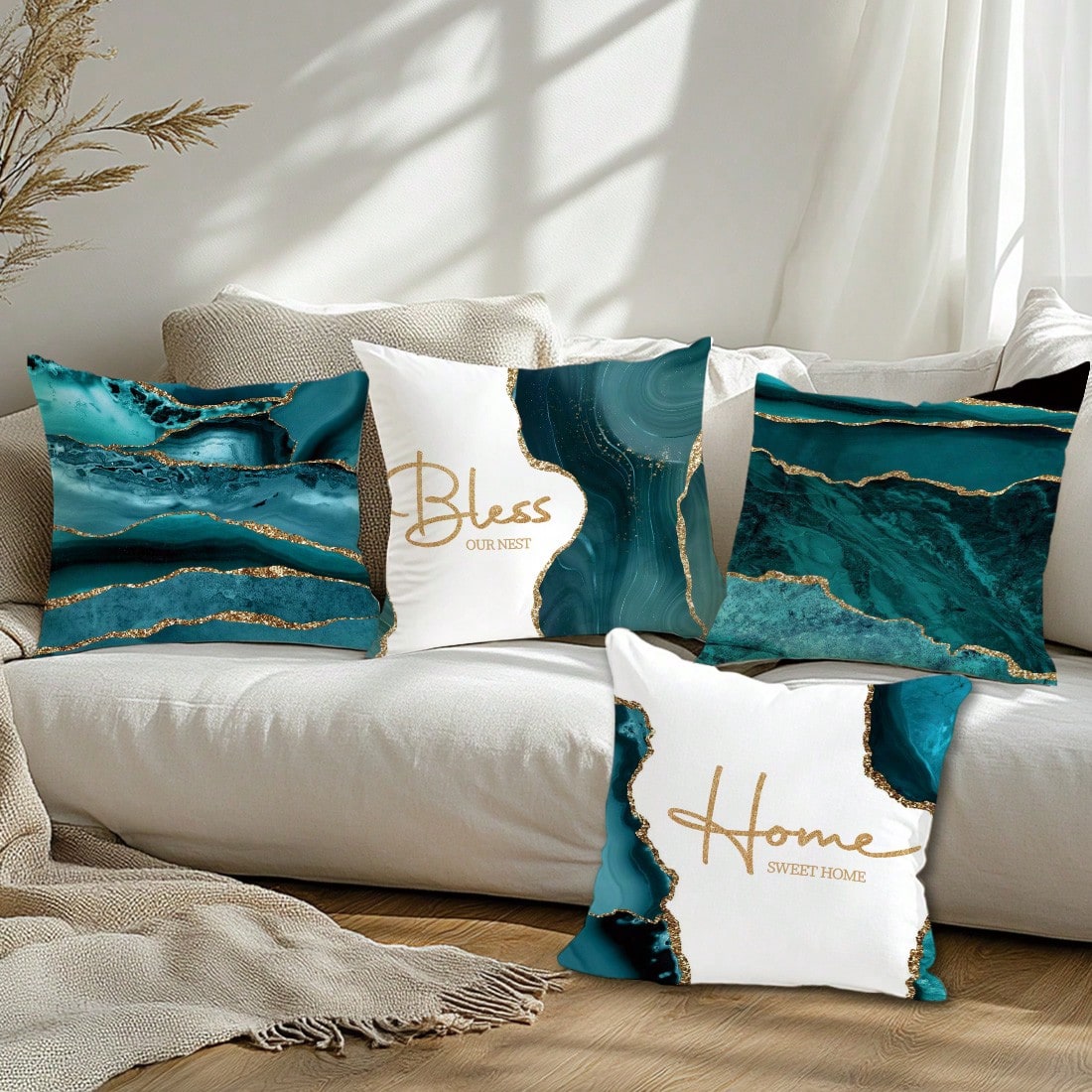 4pcs Peacock Green Agate Stone Gilded Pattern "Bless Home" Cushion Cover Set, Single-Sided Peach Velvet Fabric, 45*45/50*50/40*40CM Pillow Case Suitable For Modern Minimalist Sofa Living Room Decor, G