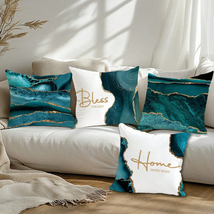 4pcs Peacock Green Agate Stone Gilded Pattern "Bless Home" Cushion Cover Set, Single-Sided Peach Velvet Fabric, 45*45/50*50/40*40CM Pillow Case Suitable For Modern Minimalist Sofa Living Room Decor, G