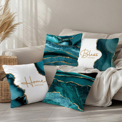 4pcs Peacock Green Agate Stone Gilded Pattern "Bless Home" Cushion Cover Set, Single-Sided Peach Velvet Fabric, 45*45/50*50/40*40CM Pillow Case Suitable For Modern Minimalist Sofa Living Room Decor, G