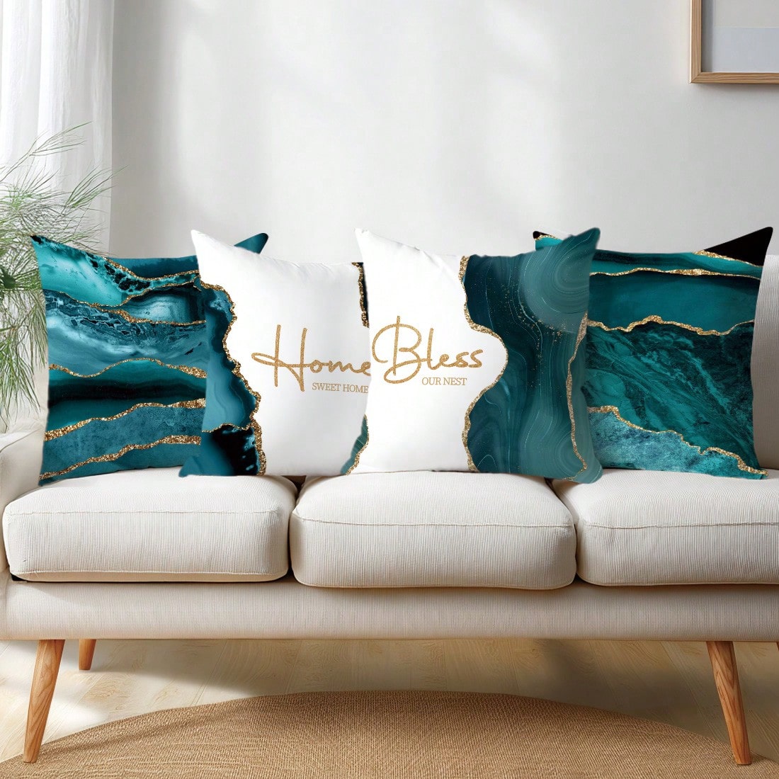 4pcs Peacock Green Agate Stone Gilded Pattern "Bless Home" Cushion Cover Set, Single-Sided Peach Velvet Fabric, 45*45/50*50/40*40CM Pillow Case Suitable For Modern Minimalist Sofa Living Room Decor, G