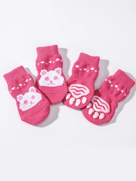 4pcs Pet Cute Socks, Dog Shoes Socks, Cat Paw Protectors, Anti-Scratch Furniture, Warm For Autumn/Winter, Outdoor Wearable, Anti-Slip & Breathable