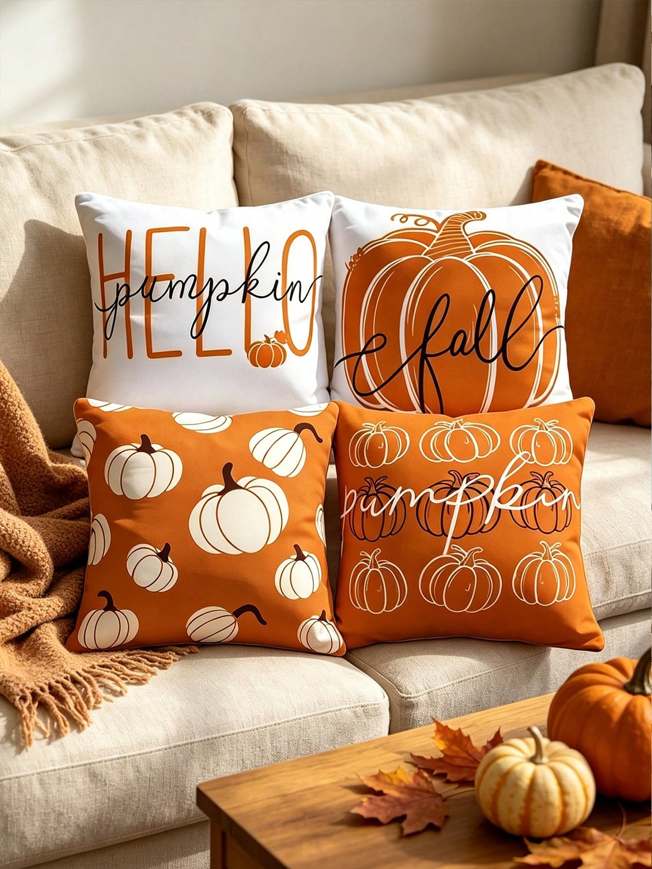 4pcs Pillowcase Set, Hello Pumpkin Autumn Orange White Pumpkin Pattern Design Pillowcases, Multi-Size Available, Thanksgiving Harvest Farmhouse Sofa Decor- Single-Sided Printing, Pillow Core Not Incl