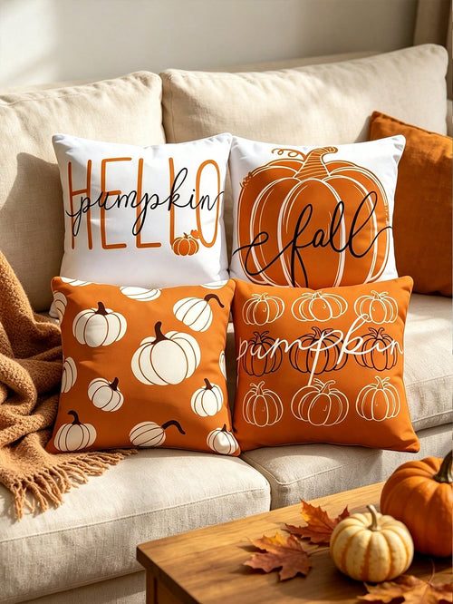4pcs Pillowcase Set, Hello Pumpkin Autumn Orange White Pumpkin Pattern Design Pillowcases, Multi-Size Available, Thanksgiving Harvest Farmhouse Sofa Decor- Single-Sided Printing, Pillow Core Not Incl