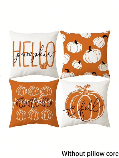 4pcs Pillowcase Set, Hello Pumpkin Autumn Orange White Pumpkin Pattern Design Pillowcases, Multi-Size Available, Thanksgiving Harvest Farmhouse Sofa Decor- Single-Sided Printing, Pillow Core Not Incl