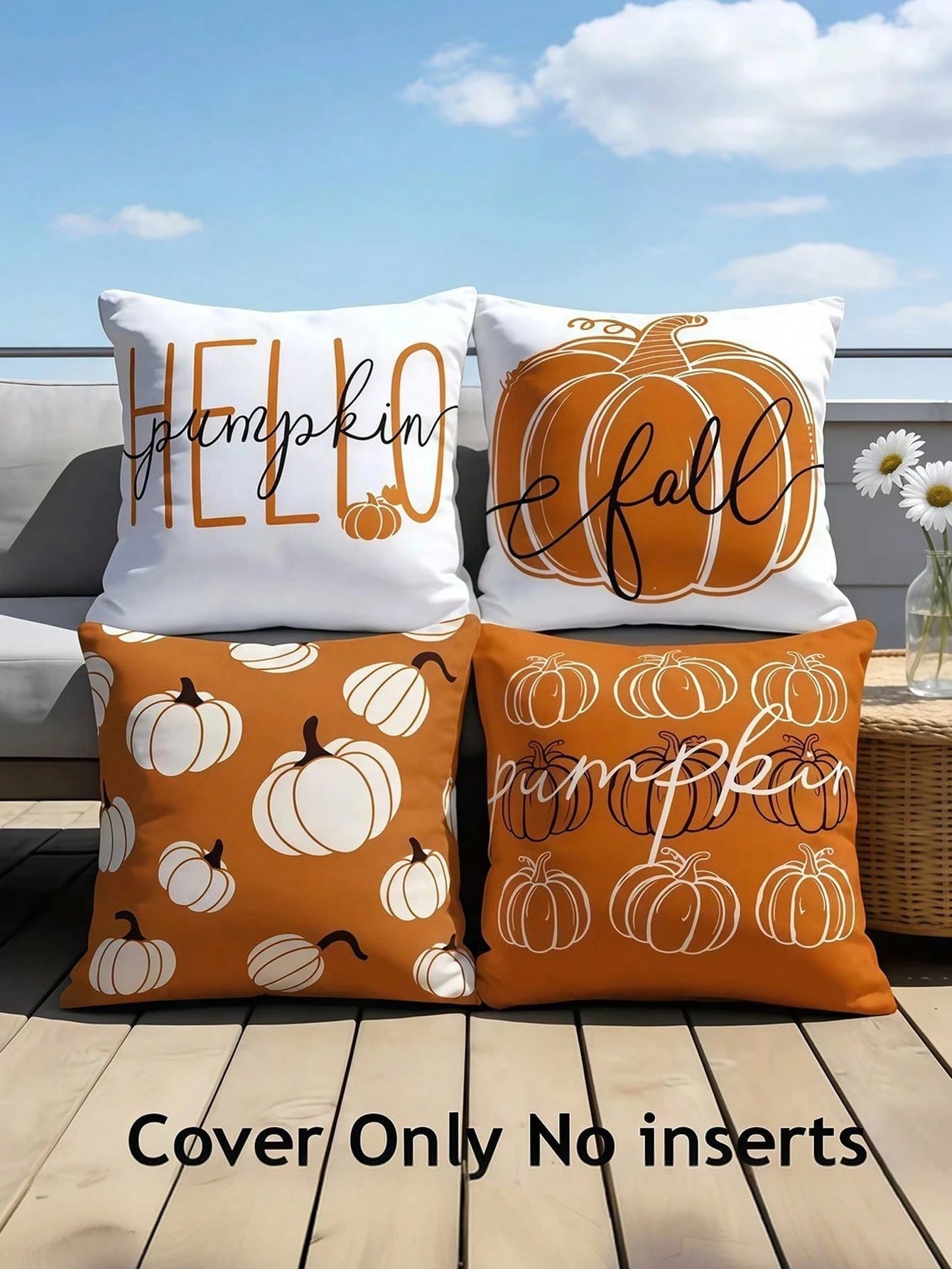 4pcs Pillowcase Set, Hello Pumpkin Autumn Orange White Pumpkin Pattern Design Pillowcases, Multi-Size Available, Thanksgiving Harvest Farmhouse Sofa Decor- Single-Sided Printing, Pillow Core Not Incl