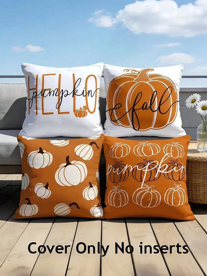 4pcs Pillowcase Set, Hello Pumpkin Autumn Orange White Pumpkin Pattern Design Pillowcases, Multi-Size Available, Thanksgiving Harvest Farmhouse Sofa Decor- Single-Sided Printing, Pillow Core Not Incl