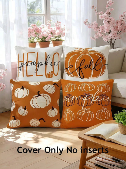 4pcs Pillowcase Set, Hello Pumpkin Autumn Orange White Pumpkin Pattern Design Pillowcases, Multi-Size Available, Thanksgiving Harvest Farmhouse Sofa Decor- Single-Sided Printing, Pillow Core Not Incl