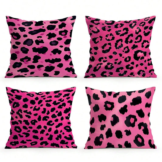 4pcs Pink Leopard Print Pillow Covers, Single-Sided Printed Cushion Covers, Suitable For Living Room, Bedroom, Home Decor, All Season