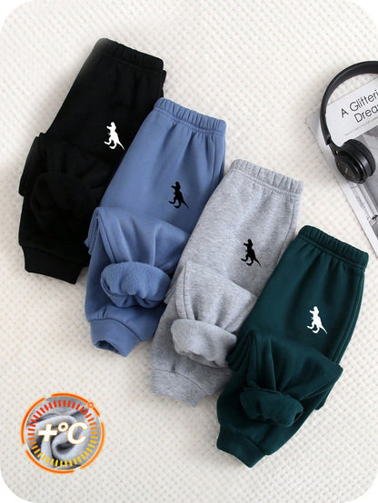 4pcs/Set Baby Boys Casual Cute Versatile Solid Color Thickened Thermal Lined Elastic Waist Jogger Pants, All-Match Sweatpants Set Fall Winter