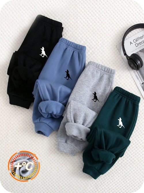 4pcs/Set Baby Boys Casual Cute Versatile Solid Color Thickened Thermal Lined Elastic Waist Jogger Pants, All-Match Sweatpants Set Fall Winter
