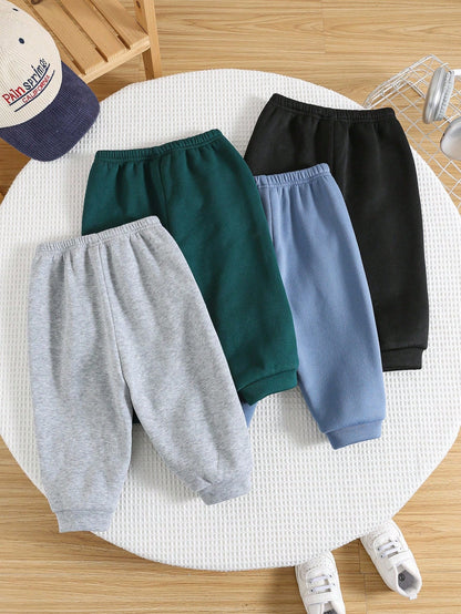 4pcs/Set Baby Boys Casual Cute Versatile Solid Color Thickened Thermal Lined Elastic Waist Jogger Pants, All-Match Sweatpants Set Fall Winter