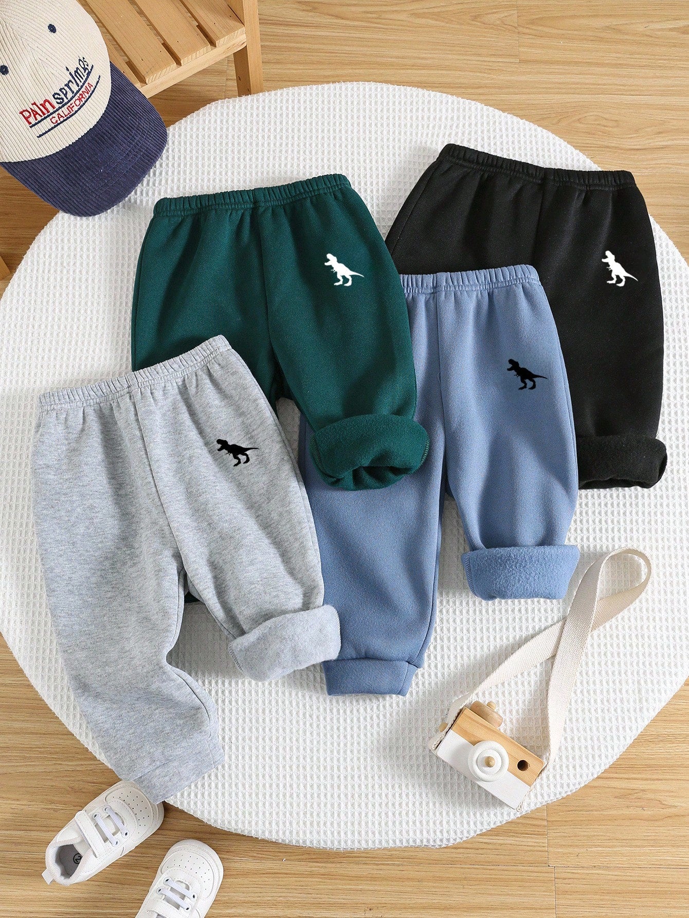 4pcs/Set Baby Boys Casual Cute Versatile Solid Color Thickened Thermal Lined Elastic Waist Jogger Pants, All-Match Sweatpants Set Fall Winter