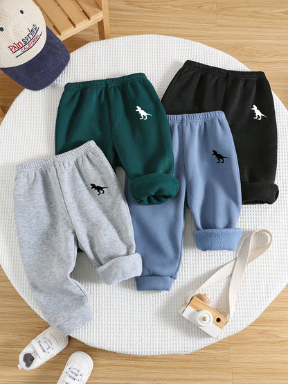 4pcs/Set Baby Boys Casual Cute Versatile Solid Color Thickened Thermal Lined Elastic Waist Jogger Pants, All-Match Sweatpants Set Fall Winter