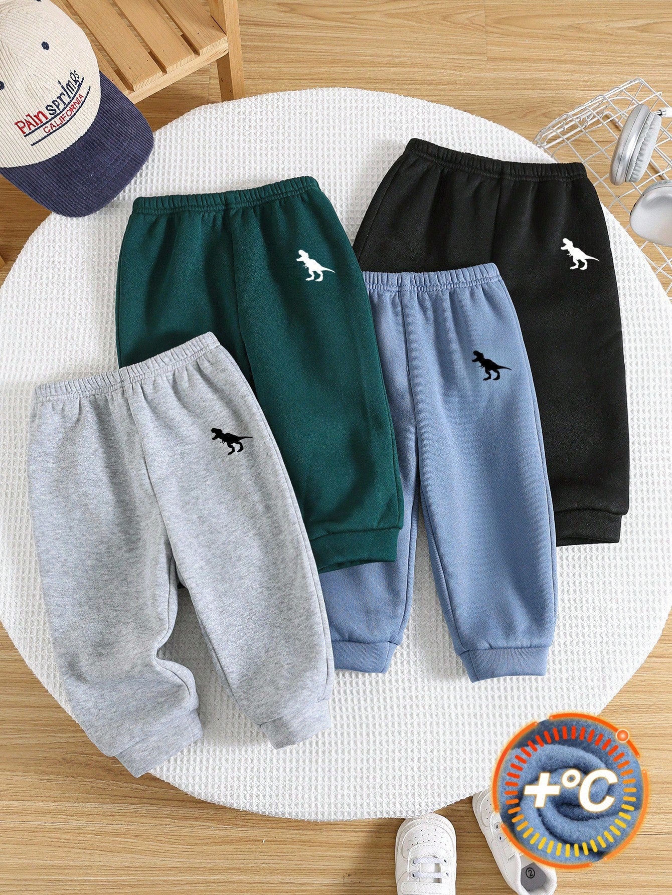 4pcs/Set Baby Boys Casual Cute Versatile Solid Color Thickened Thermal Lined Elastic Waist Jogger Pants, All-Match Sweatpants Set Fall Winter