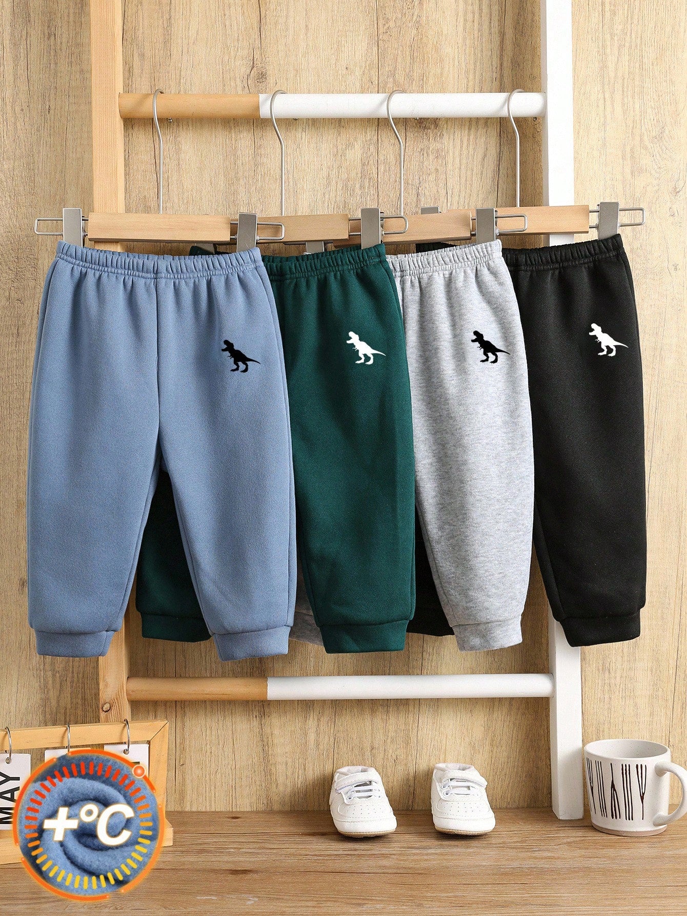 4pcs/Set Baby Boys Casual Cute Versatile Solid Color Thickened Thermal Lined Elastic Waist Jogger Pants, All-Match Sweatpants Set Fall Winter