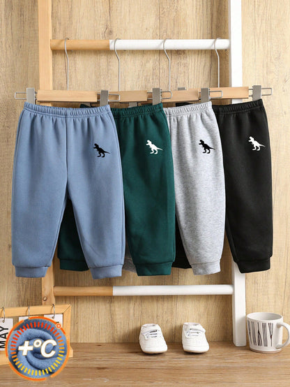 4pcs/Set Baby Boys Casual Cute Versatile Solid Color Thickened Thermal Lined Elastic Waist Jogger Pants, All-Match Sweatpants Set Fall Winter
