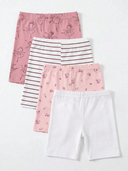 4pcs/Set Baby Girls 6 Months-3 Years Old,Cute Pink And White Striped,Floral,Ballet Dancer Print Leggings,Summer Holiday Lightweight Comfortable Pants