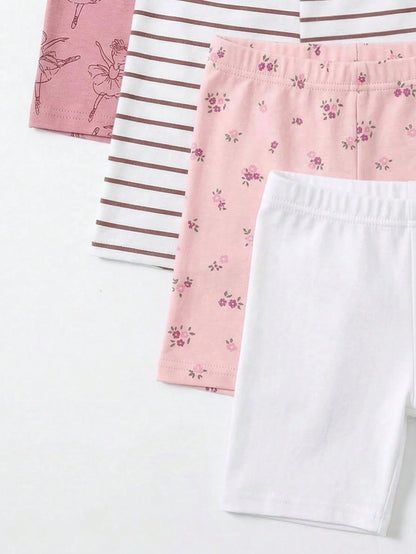 4pcs/Set Baby Girls 6 Months-3 Years Old,Cute Pink And White Striped,Floral,Ballet Dancer Print Leggings,Summer Holiday Lightweight Comfortable Pants