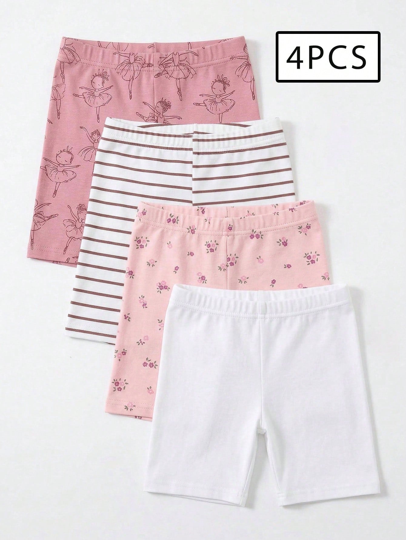 4pcs/Set Baby Girls 6 Months-3 Years Old,Cute Pink And White Striped,Floral,Ballet Dancer Print Leggings,Summer Holiday Lightweight Comfortable Pants