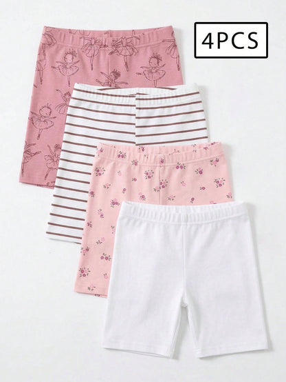4pcs/Set Baby Girls 6 Months-3 Years Old,Cute Pink And White Striped,Floral,Ballet Dancer Print Leggings,Summer Holiday Lightweight Comfortable Pants