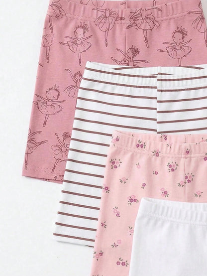 4pcs/Set Baby Girls 6 Months-3 Years Old,Cute Pink And White Striped,Floral,Ballet Dancer Print Leggings,Summer Holiday Lightweight Comfortable Pants