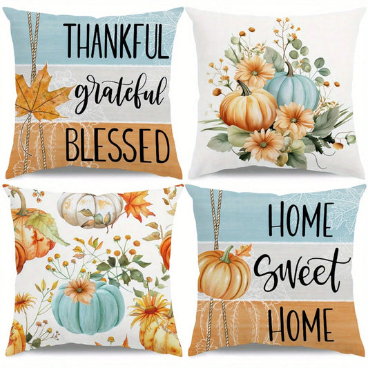 4pcs Thanksgiving Pillow Covers- Autumn Harvest Decor With Pumpkin, Floral, And "Thankful Grateful Blessed" Text- Zipper Closure Cushion Cases For Sofa, Chair, Living Room- Fall Home Decoration In
