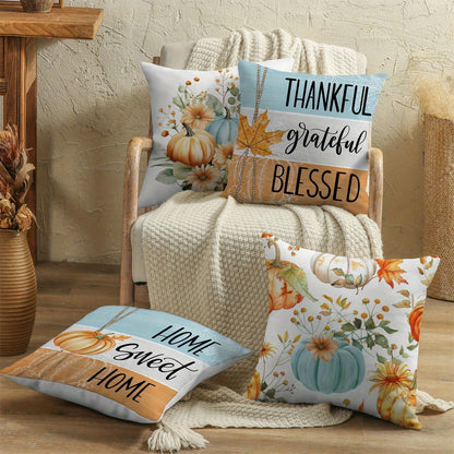 4pcs Thanksgiving Pillow Covers- Autumn Harvest Decor With Pumpkin, Floral, And "Thankful Grateful Blessed" Text- Zipper Closure Cushion Cases For Sofa, Chair, Living Room- Fall Home Decoration In