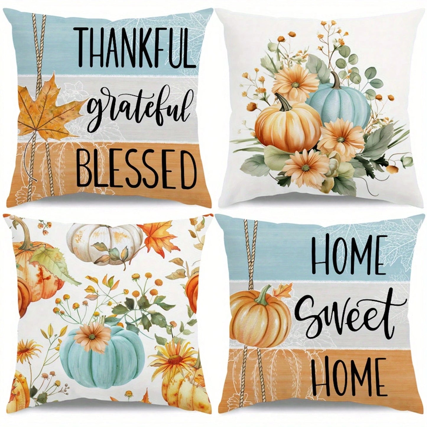 4pcs Thanksgiving Pillow Covers- Autumn Harvest Decor With Pumpkin, Floral, And "Thankful Grateful Blessed" Text- Zipper Closure Cushion Cases For Sofa, Chair, Living Room- Fall Home Decoration In