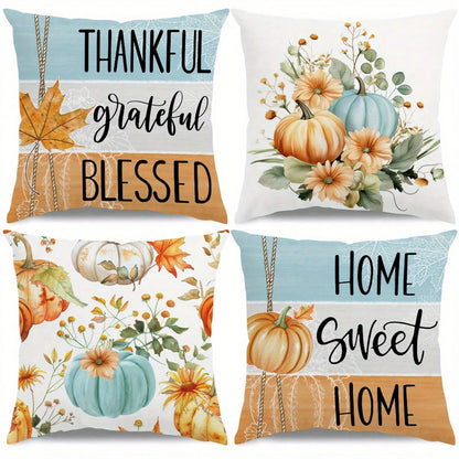 4pcs Thanksgiving Pillow Covers- Autumn Harvest Decor With Pumpkin, Floral, And "Thankful Grateful Blessed" Text- Zipper Closure Cushion Cases For Sofa, Chair, Living Room- Fall Home Decoration In