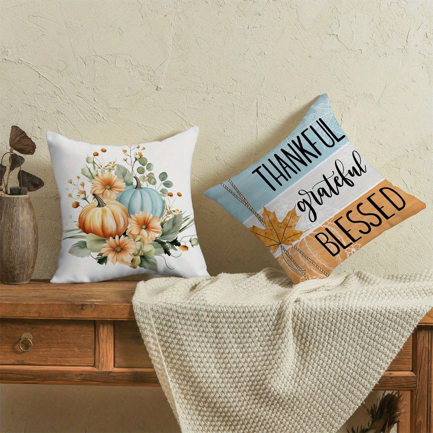 4pcs Thanksgiving Pillow Covers- Autumn Harvest Decor With Pumpkin, Floral, And "Thankful Grateful Blessed" Text- Zipper Closure Cushion Cases For Sofa, Chair, Living Room- Fall Home Decoration In