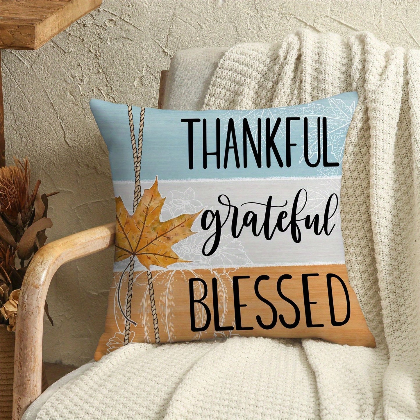 4pcs Thanksgiving Pillow Covers- Autumn Harvest Decor With Pumpkin, Floral, And "Thankful Grateful Blessed" Text- Zipper Closure Cushion Cases For Sofa, Chair, Living Room- Fall Home Decoration In