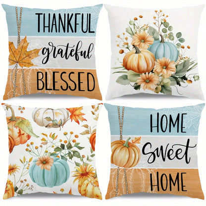 4pcs Thanksgiving Pillow Covers- Autumn Harvest Decor With Pumpkin, Floral, And "Thankful Grateful Blessed" Text- Zipper Closure Cushion Cases For Sofa, Chair, Living Room- Fall Home Decoration In