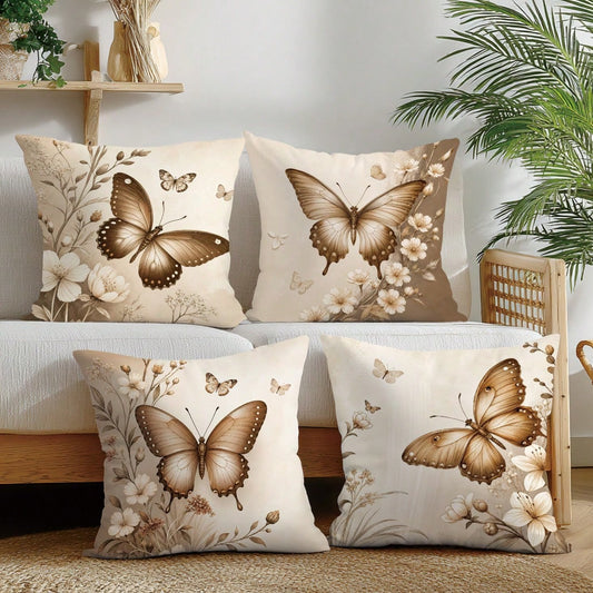 4pcs Vintage Daily Coffee Color Butterfly Floral Cushion Covers, Single-Sided Printed Skin-Friendly Peach Skin Velvet Material, 45*45/50*50/40*40CM Pillow Covers Suitable For Indoor Decoration, Party