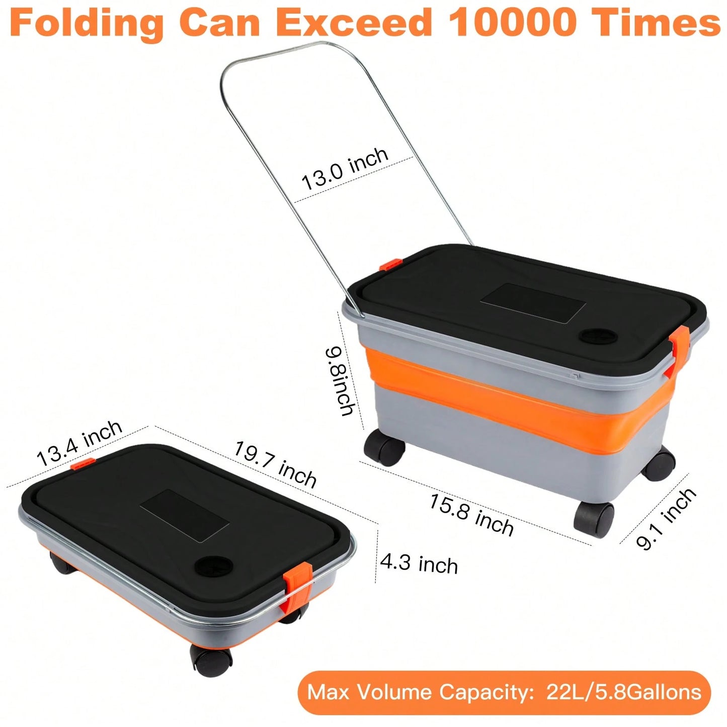 5.8 Gallon Collapsible Bucket For Car Washing With Wheels, Handle, Drain Plug & Water Outlet, Portable Foldable Design For Camping, RV, Laundry, Pet Bathing