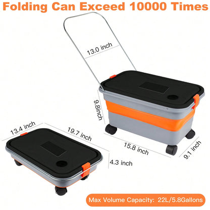 5.8 Gallon Collapsible Bucket For Car Washing With Wheels, Handle, Drain Plug & Water Outlet, Portable Foldable Design For Camping, RV, Laundry, Pet Bathing
