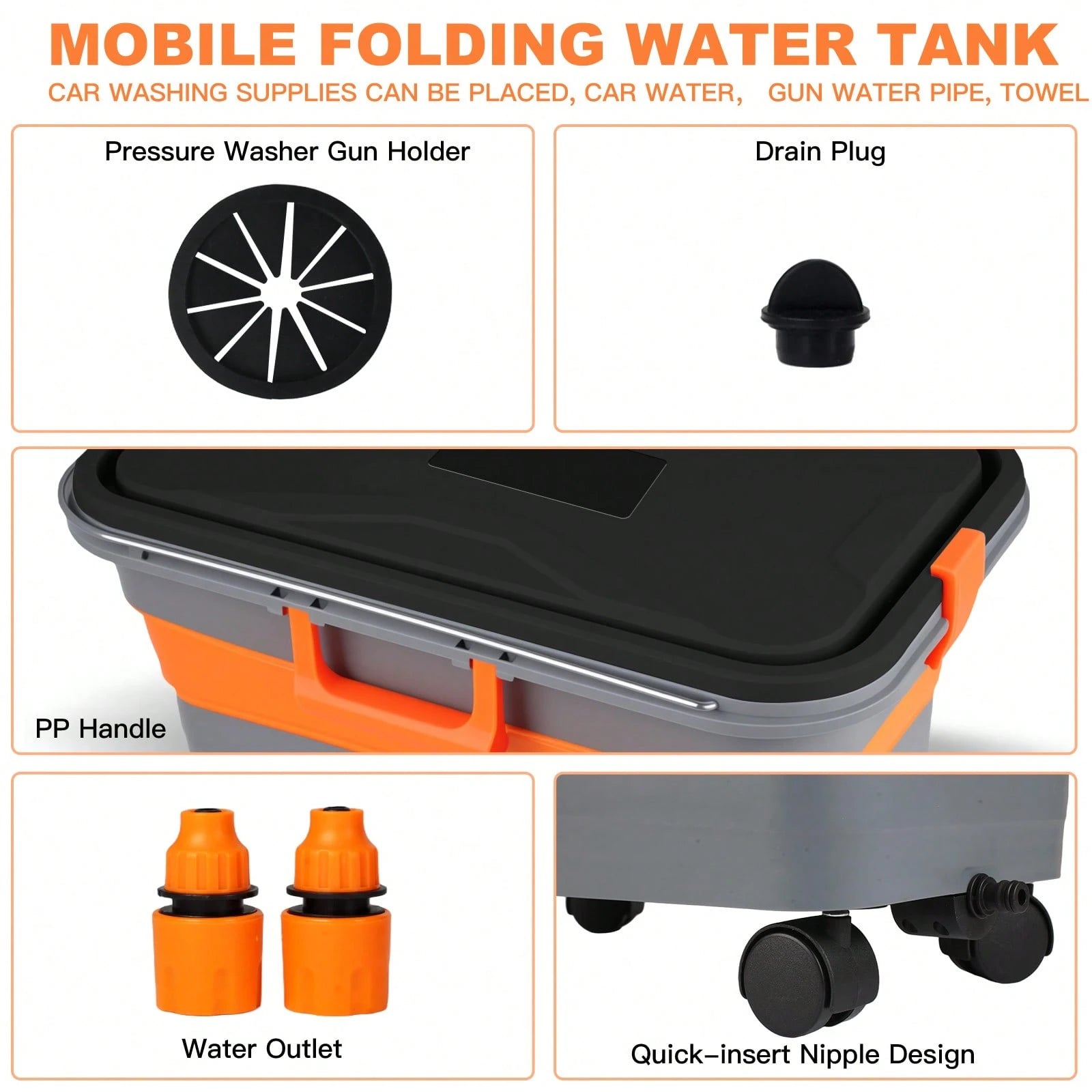 5.8 Gallon Collapsible Bucket For Car Washing With Wheels, Handle, Drain Plug & Water Outlet, Portable Foldable Design For Camping, RV, Laundry, Pet Bathing