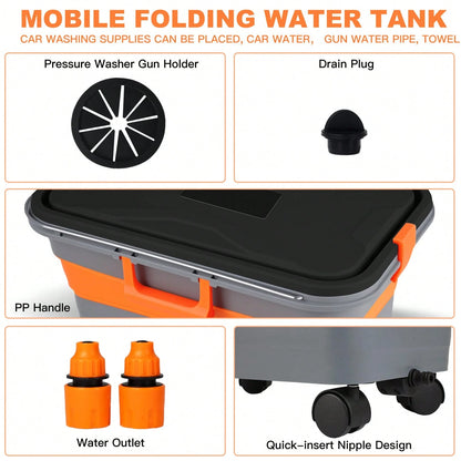 5.8 Gallon Collapsible Bucket For Car Washing With Wheels, Handle, Drain Plug & Water Outlet, Portable Foldable Design For Camping, RV, Laundry, Pet Bathing