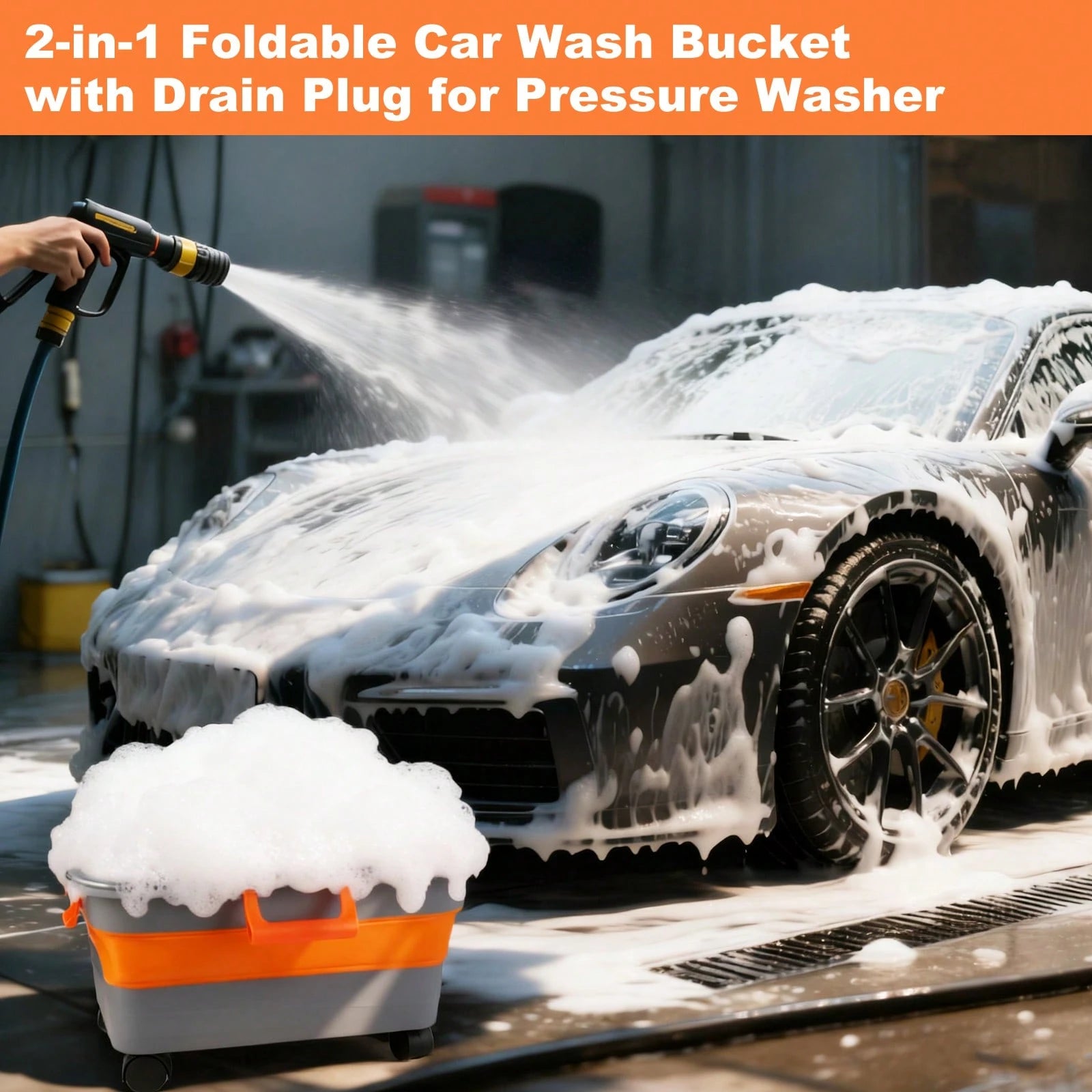5.8 Gallon Collapsible Bucket For Car Washing With Wheels, Handle, Drain Plug & Water Outlet, Portable Foldable Design For Camping, RV, Laundry, Pet Bathing
