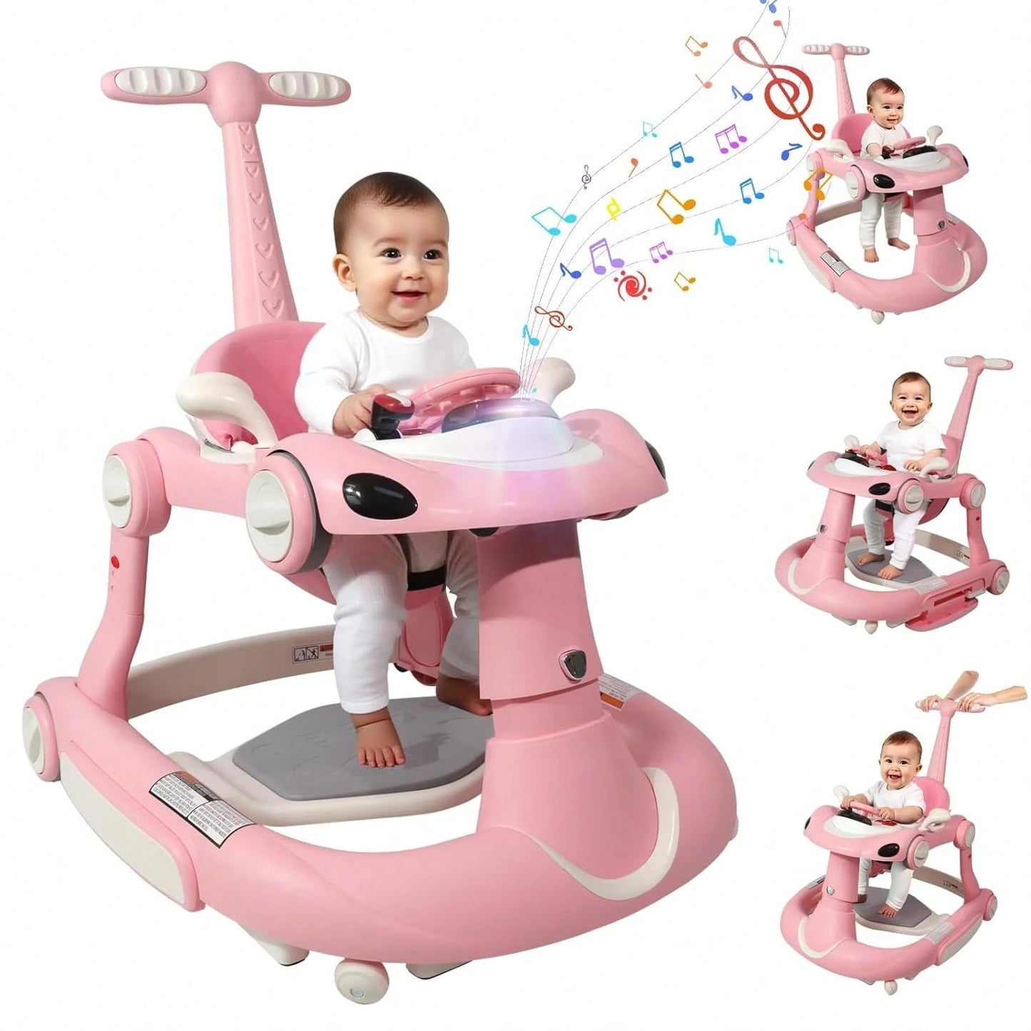 5 In 1 Baby Walker (Walk/Jumper/Rocking/Trolley Mode),Foldable Music & Bouncer Combo Toddler Walker W/ 3 Height Adjustable For Infant 6-18 Months,Pink
