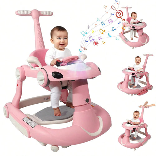 5 In 1 Baby Walker (Walk/Jumper/Rocking/Trolley Mode),Foldable Music & Bouncer Combo Toddler Walker W/ 3 Height Adjustable For Infant 6-18 Months,Pink