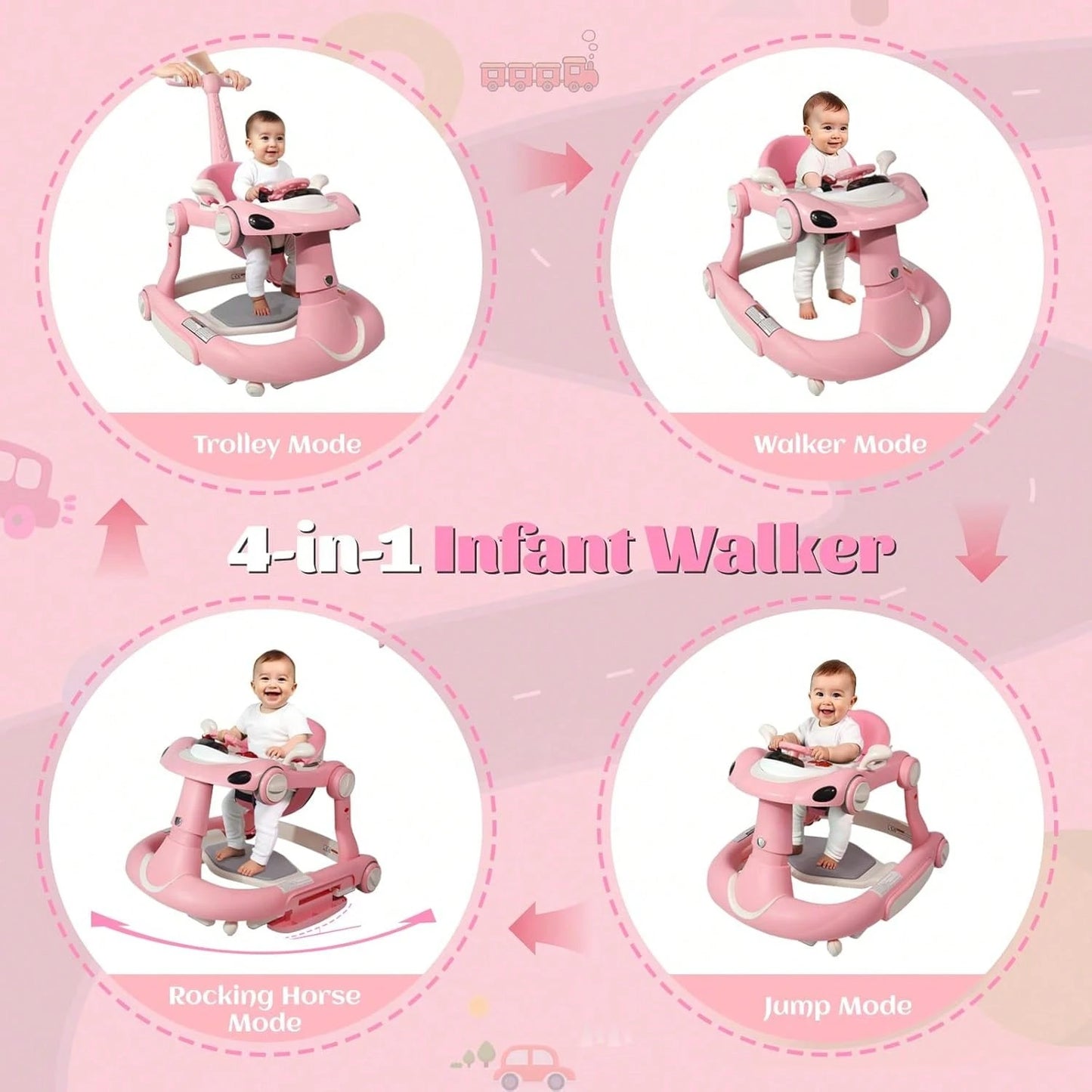 5 In 1 Baby Walker (Walk/Jumper/Rocking/Trolley Mode),Foldable Music & Bouncer Combo Toddler Walker W/ 3 Height Adjustable For Infant 6-18 Months,Pink
