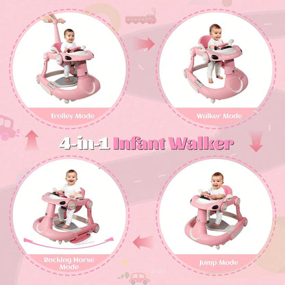 5 In 1 Baby Walker (Walk/Jumper/Rocking/Trolley Mode),Foldable Music & Bouncer Combo Toddler Walker W/ 3 Height Adjustable For Infant 6-18 Months,Pink