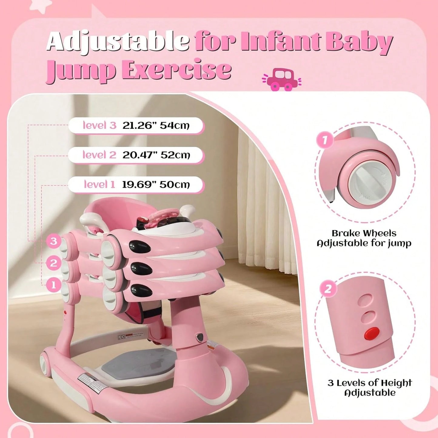 5 In 1 Baby Walker (Walk/Jumper/Rocking/Trolley Mode),Foldable Music & Bouncer Combo Toddler Walker W/ 3 Height Adjustable For Infant 6-18 Months,Pink